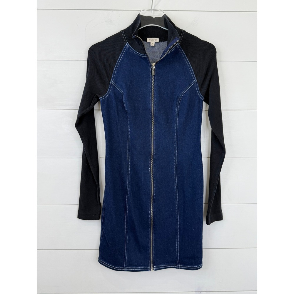NWT Pilcro Denim KNIT ZIP-UP Mini Dress Women XS ANTHROPOLOGIE DARK WASH - Picture 2 of 9